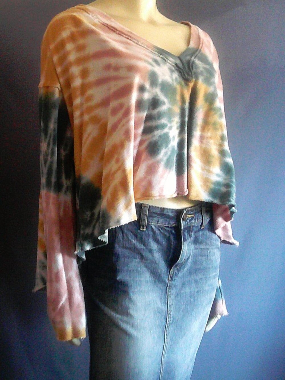 Pink Lily Asymmetrical V-Neck Tie Dye Cotton Sweat Distressed Oversized Top Sm
